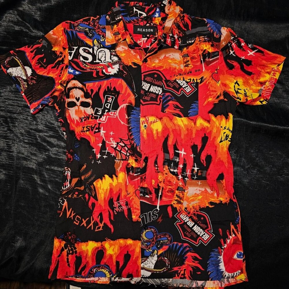 Flames skulls heart edgy dad USA button-up shirt